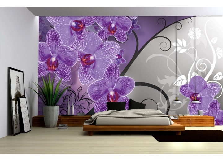 Fotobehang Vlies | Bloemen, Orchidee | Paars, Grijs | 368x254cm (bxh)