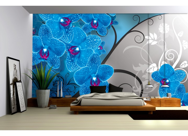 Fotobehang Papier Bloemen, Orchidee | Blauw, Grijs | 254x184cm