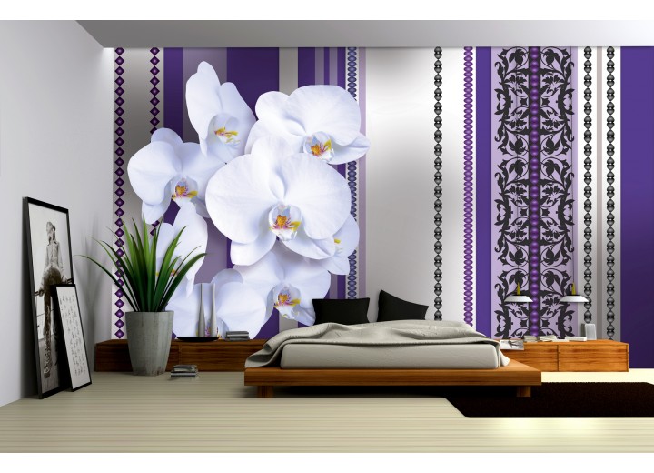 Fotobehang Bloemen, Orchidee | Paars, Grijs | 104x70,5cm