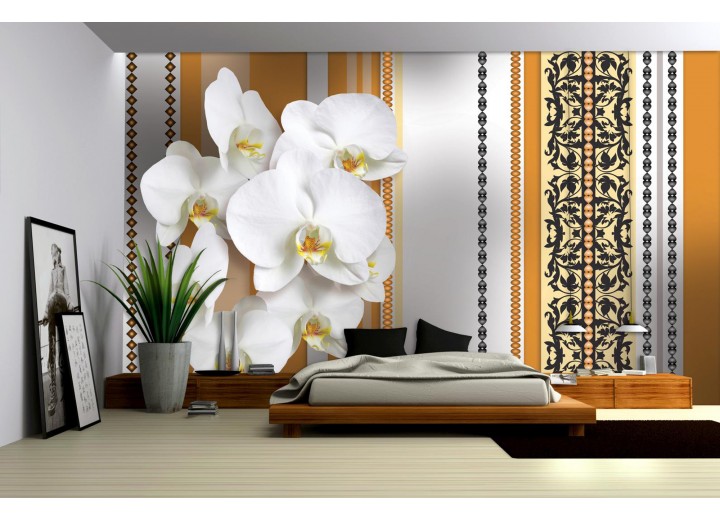Fotobehang Papier Bloemen, Orchidee | Wit, Oranje | 254x184cm
