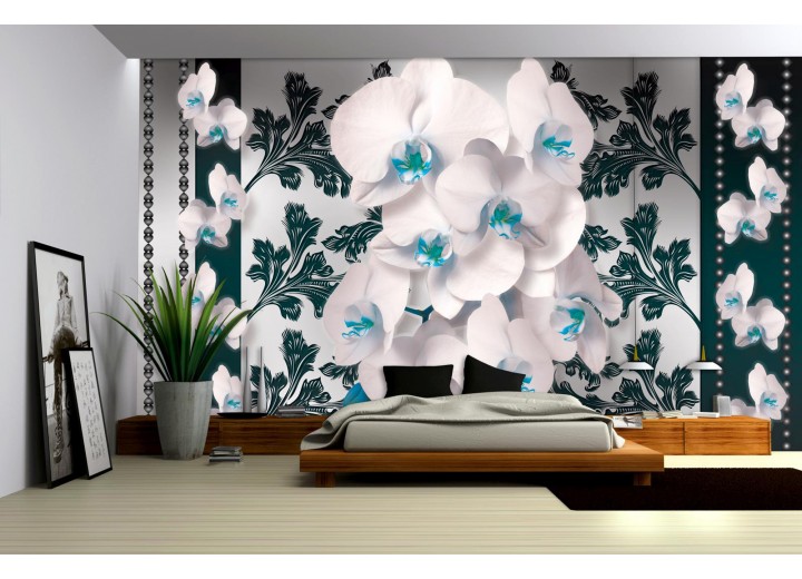 Fotobehang Papier Bloemen, Orchideeën | Turquoise, Wit | 368x254cm