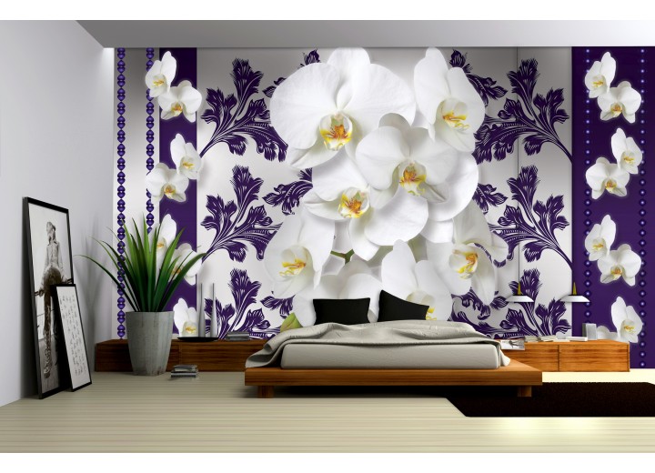 Fotobehang Papier Bloemen, Orchideeën | Wit, Grijs | 368x254cm