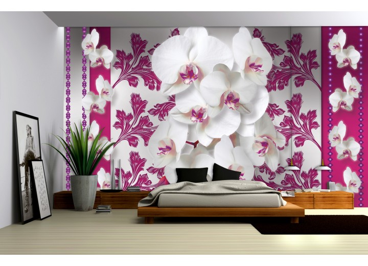 Fotobehang Papier Bloemen, Orchideeën | Roze, Wit | 368x254cm