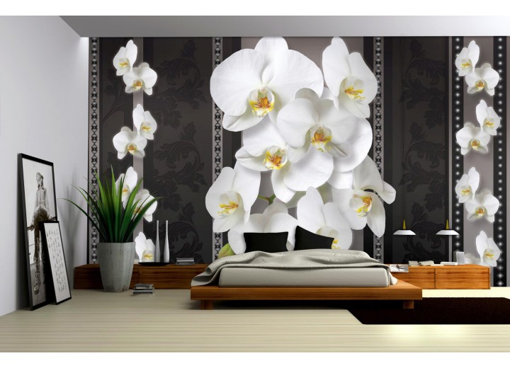 Fotobehang Papier Bloemen, Orchideeën | Zwart, Wit | 368x254cm