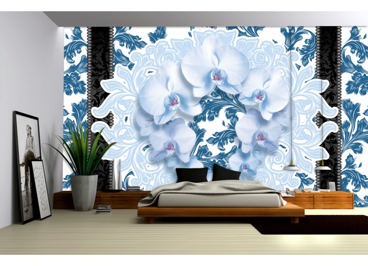 Fotobehang Papier Bloemen, Orchideeën | Blauw | 368x254cm