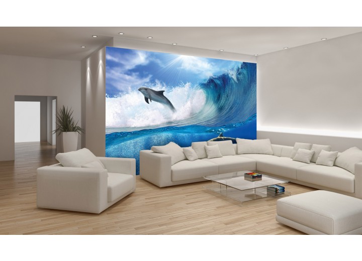 Fotobehang Papier Dolfijnen | Blauw | 368x254cm
