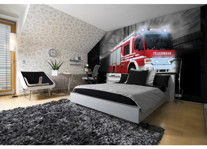 Fotobehang Papier Brandweerauto | Zwart, Rood | 254x184cm