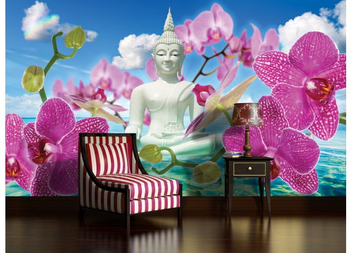 Fotobehang Vlies | Boeddha, Orchidee | Blauw | 368x254cm (bxh)