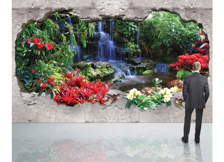 Fotobehang Waterval, 3D | Groen | 208x146cm