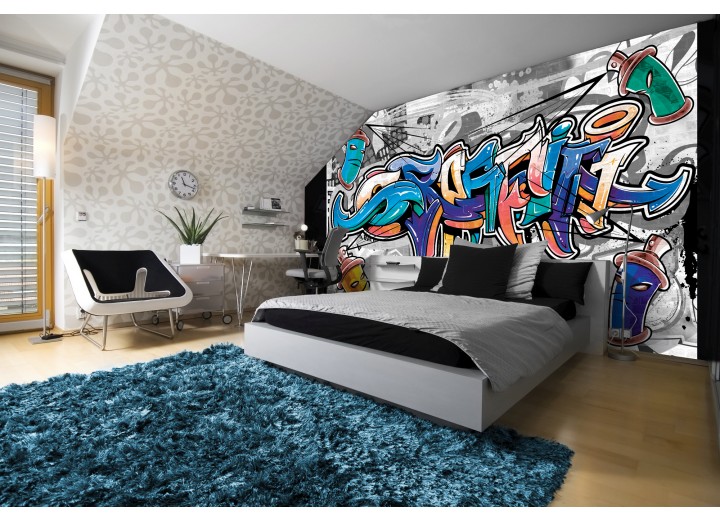 Fotobehang Graffiti | Grijs, Blauw | 208x146cm