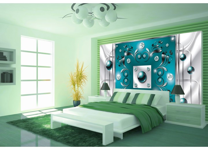 Fotobehang Vlies | Modern, Slaapkamer | Zilver, Turquoise | 368x254cm (bxh)