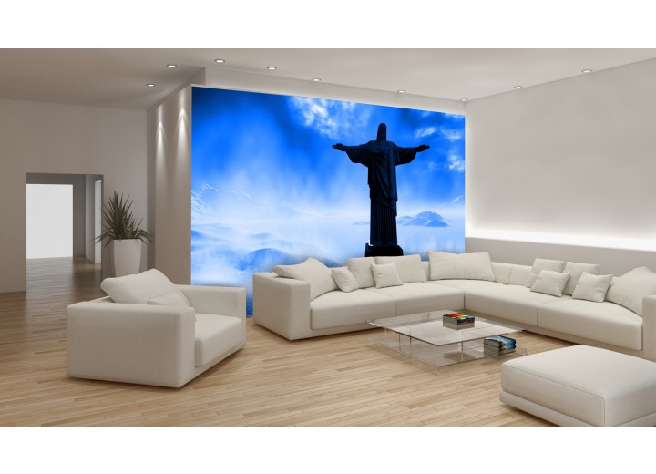 Fotobehang Vlies | Brazilië, Jezus | Blauw, Zwart | 368x254cm (bxh)