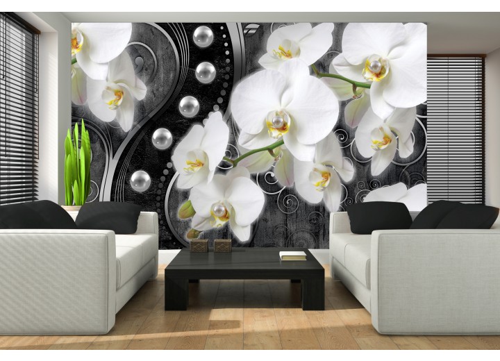 Fotobehang Papier Orchidee, Bloemen | Wit, Zwart | 254x184cm