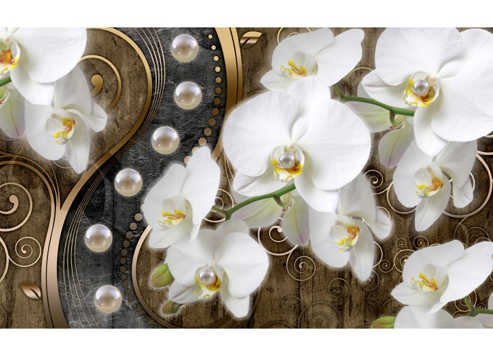 Fotobehang Papier Orchidee, Bloemen | Wit, Goud | 368x254cm