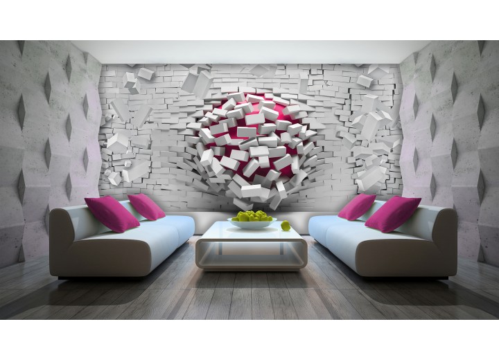 Fotobehang 3D, Muur | Roze, Grijs | 208x146cm