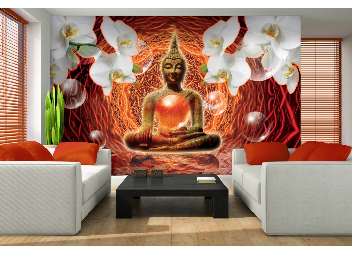 Fotobehang Vlies | Boeddha, Orchidee | Oranje | 368x254cm (bxh)