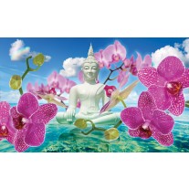 Fotobehang Papier Boeddha, Orchidee | Blauw | 254x184cm