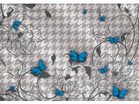 Fotobehang Papier Bloemen, Vlinder | Blauw, Grijs | 254x184cm