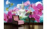 Fotobehang Boeddha, Orchidee | Blauw | 208x146cm