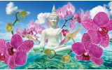 Fotobehang Vlies | Boeddha, Orchidee | Blauw | 368x254cm (bxh)